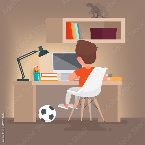 Schoolboy learns lessons at home. Boy reading while sitting at your desk. Vector illustration