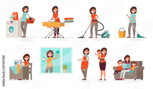Set of affairs woman housewife. Mother washes, irons, vacuums, cleans, sews, cooks, brings up children