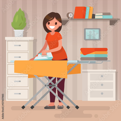 Woman housewife iron clothes on an ironing board. Vector illustration in a flat style