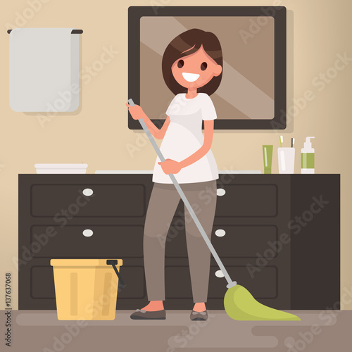 Woman housewife washes a floor mop. Vector illustration in a flat style