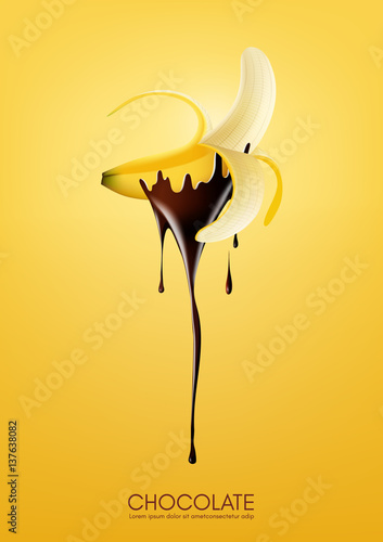 Half peeled ripe banana dipped in melting dark chocolate, fruit, fondue recipe concept, transparent, Vector