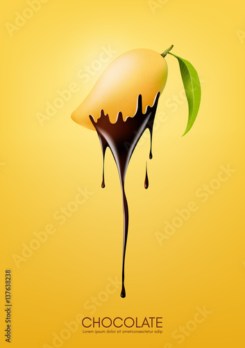 Ripe mango dipped in melting dark chocolate, fruit, fondue recipe concept, transparent, Vector