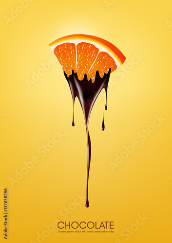 Sliced orange dipped in melting dark chocolate, fruit, fondue recipe concept, transparent, Vector