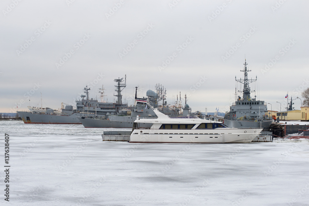 The ships of the Baltic Fleet of the Navy of Russia on the winter parking in the Petrovskaya harbor. Kronstadt