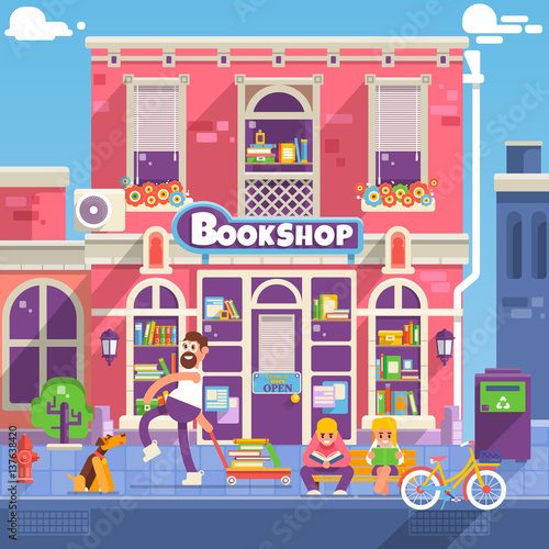 Bookshop facade in flat style. People are reading and choosing books in used bookshop.Small business store front design. 