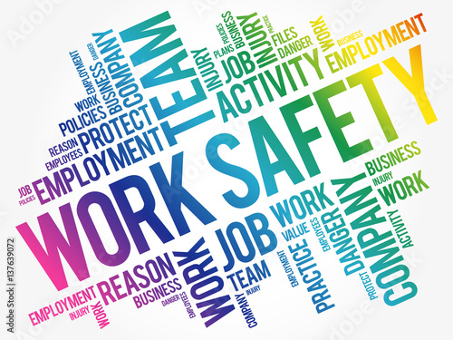 Work Safety word cloud collage with terms such as employee, company, business concept background
