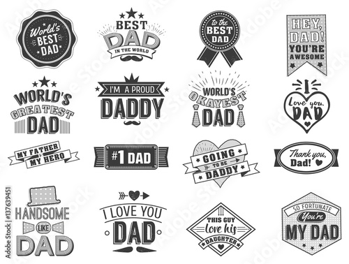 Isolated Happy fathers day quotes on the white background. Dad congratulation label, badge vector collection. Mustache, hat, stars elements for your design