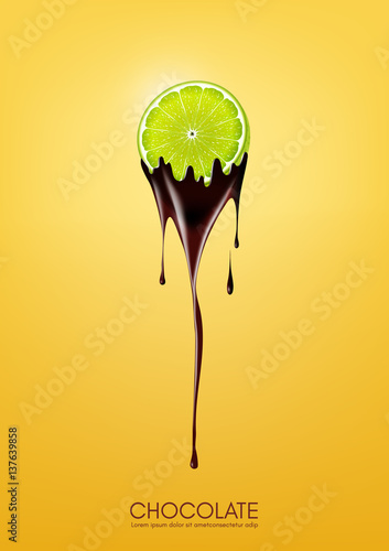 Sliced lime dipped in melting dark chocolate, fruit, fondue recipe concept, transparent, Vector