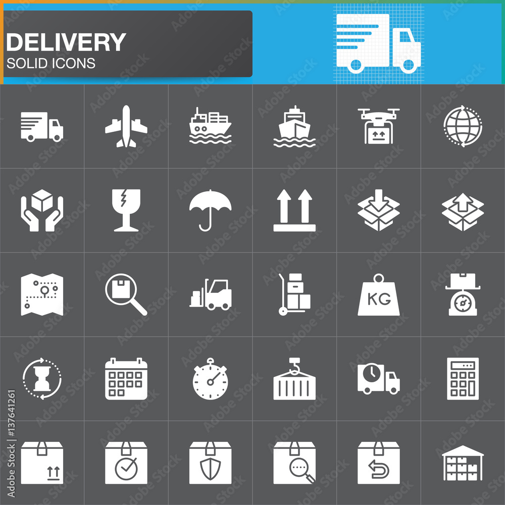 Delivery and logistics vector icons set, modern solid symbol collection, filled white pictogram pack. Signs, logo illustration. Set includes icons as shipping, transportation, tracking, parcel, weight Delivery and logistics vector icons set, modern solid symbol collection, filled white pictogram pack. Signs, logo illustration. Set includes icons as shipping, transportation, tracking, parcel, weight