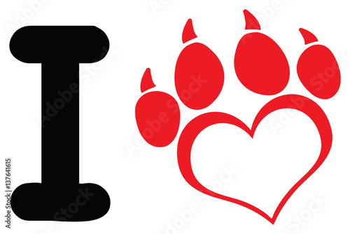 I Love Dog With Red Heart Paw Print With Claws Logo Design. Illustration Isolated On White Background