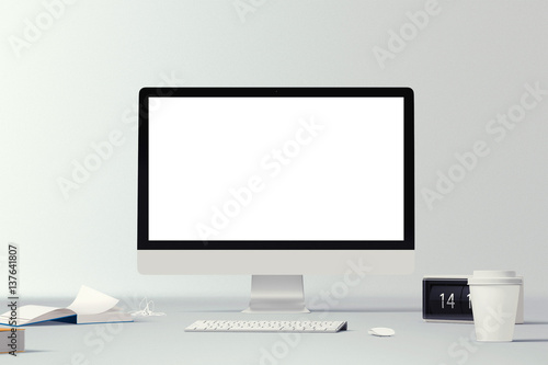 Workspace background. Hero Header. Computer screens isolated stand. Front view
