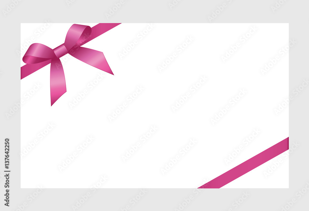 Gift Card With Pink Ribbon And A Bow on white background. Gift Voucher Template. Vector image. Gift Card With Pink Ribbon And A Bow on white background. Gift Voucher Template. Vector image.