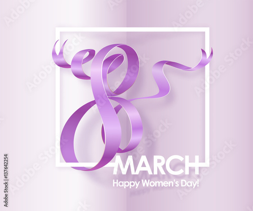 March 8 International Womens Day greeting card with purple ribbon. Background template. Vector illustration.