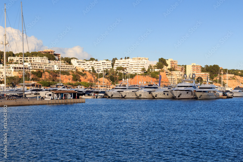 Yacht marina at harbour Puerto Portals in Portals Nous and Mediterranean Sea, Majorca, Spain