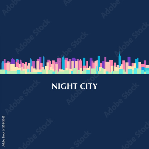 Vector color illustration of city skyline panorama at night