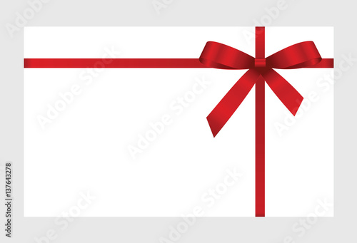 Gift Card With Red Ribbon And A Bow on white background. Gift Voucher Template. Vector image.
