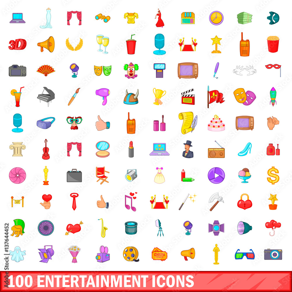 Fototapeta premium 100 entertainment icons set, cartoon style