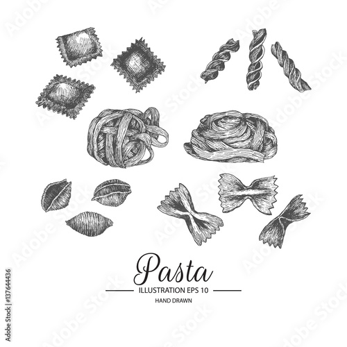Set of pasta. Hand drawn collection by ink and pen sketch. Isolated vector elements can use for pasta products.