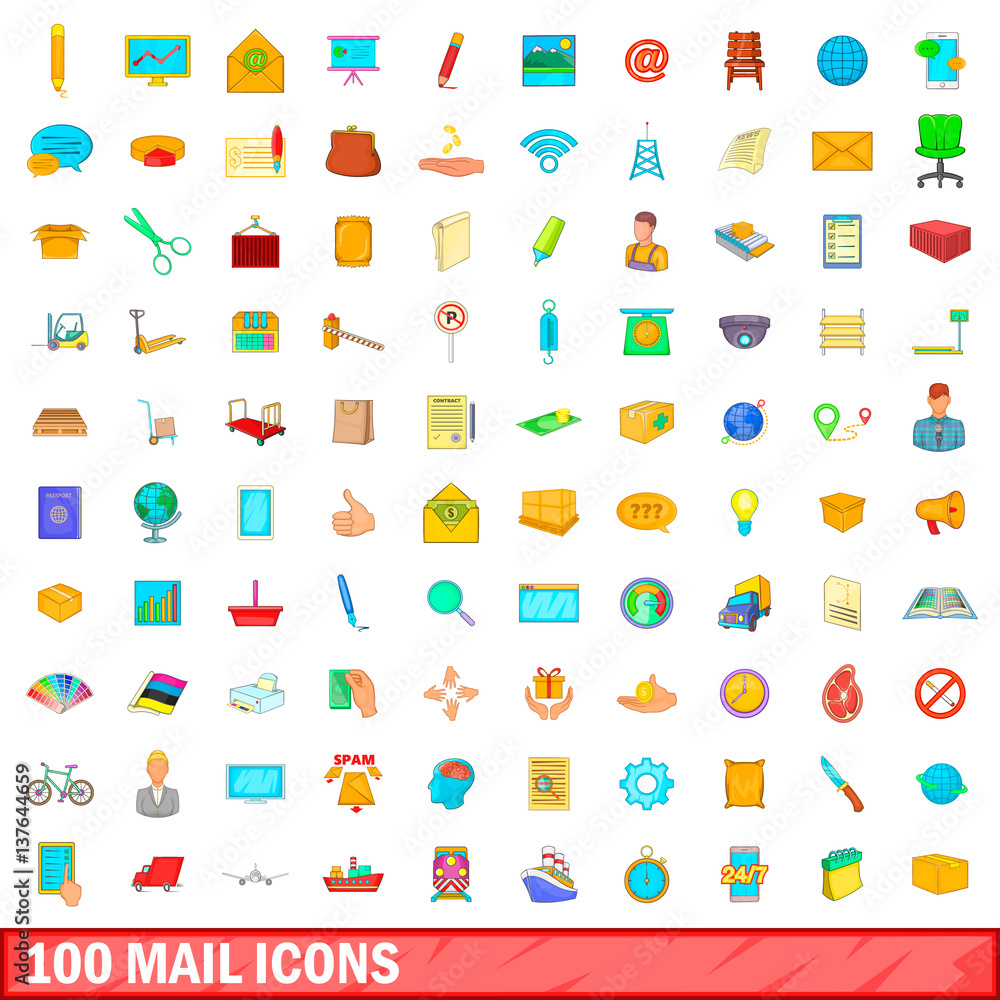 100 mail icons set, cartoon style 100 mail icons set, cartoon style