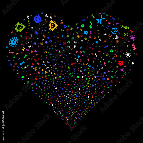 Microbes fireworks with heart shape. Vector illustration style is flat bright multicolored iconic symbols on a black background. Object stream constructed from scattered pictograms.