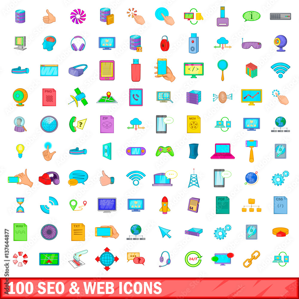 100 seo and web icons set, cartoon style 100 seo and web icons set, cartoon style