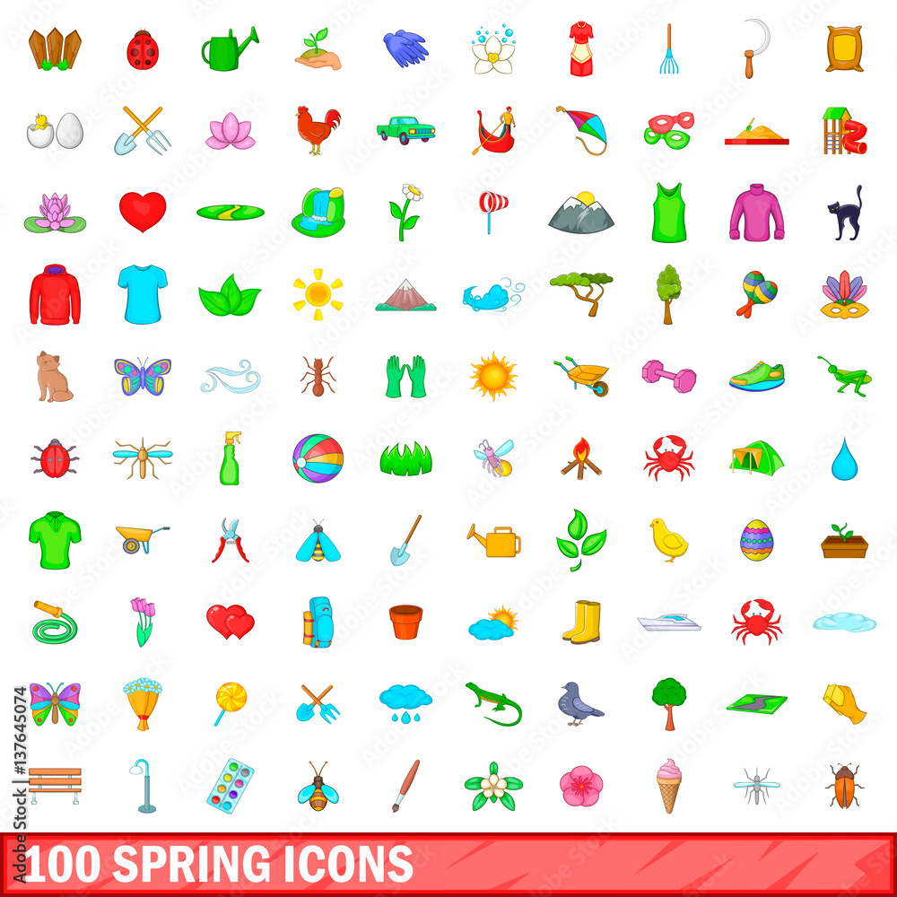 100 spring icons set, cartoon style 100 spring icons set, cartoon style