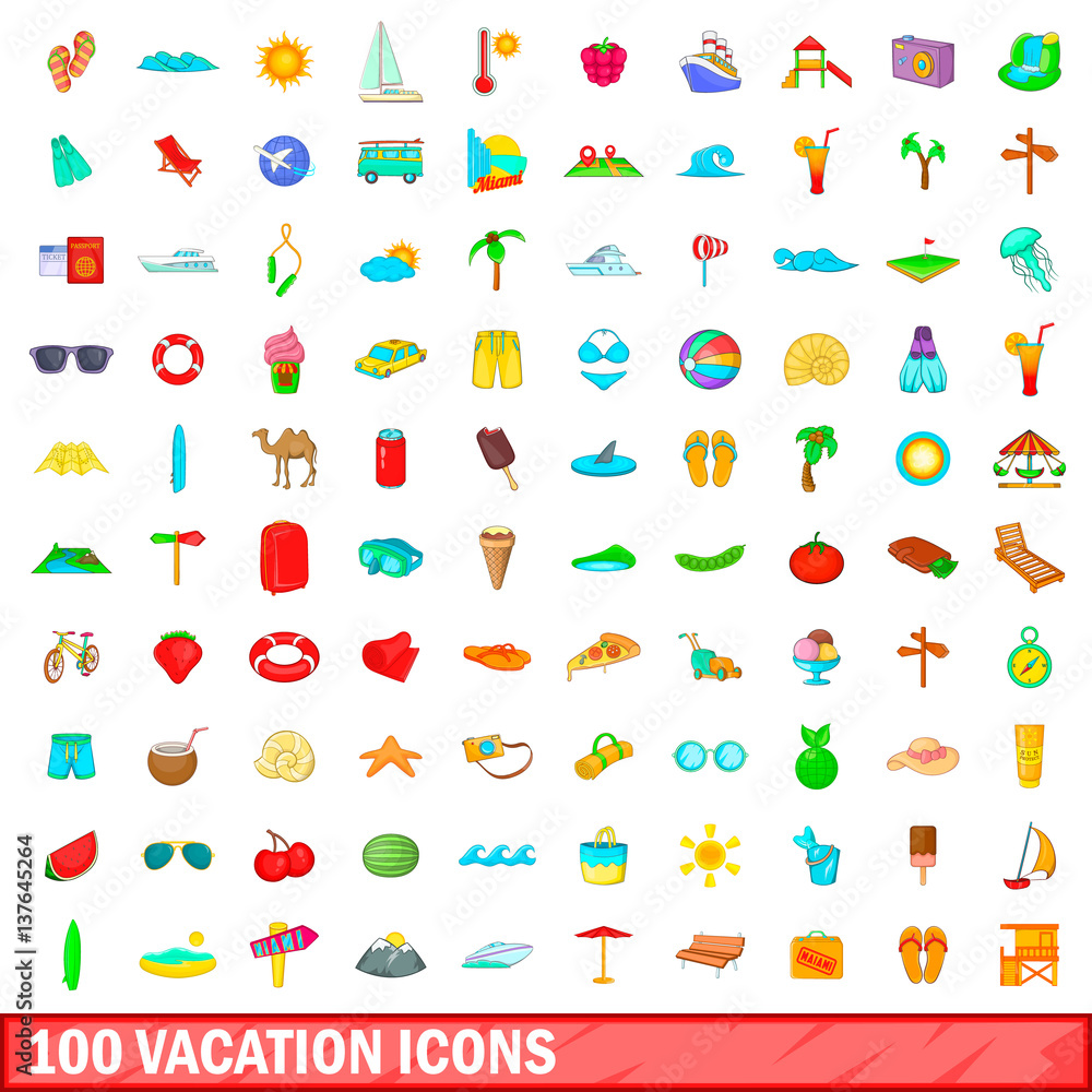 100 vacation icons set, cartoon style 100 vacation icons set, cartoon style