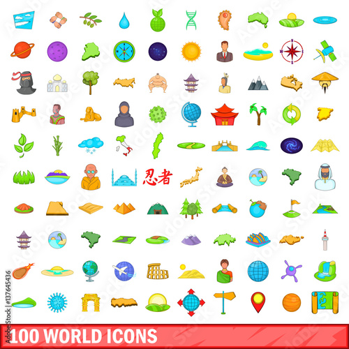 100 world icons set, cartoon style