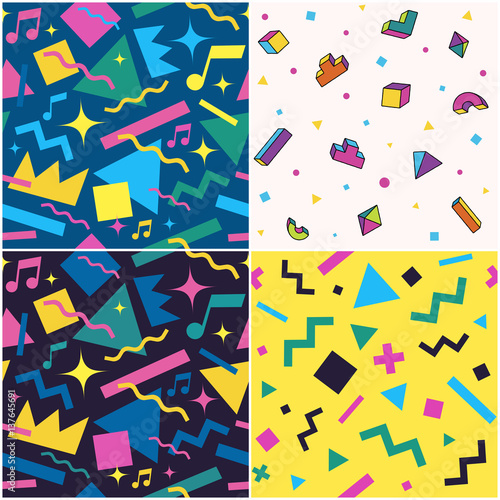Set of seamless patterns. The 90's and the 80's style. Vector illustration.