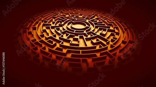 circular maze structure ablaze with orange light surrounded by darkness