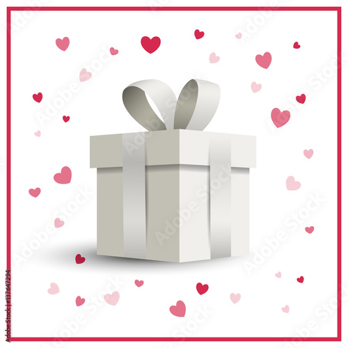 Vector Illustration of a Greeting Card Design with a Gift Box and Heart Confetti