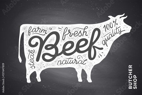 Trendy illustration with red cow silhouette and words Beef, fresh, steak, natural, farm. Creative graphic design for butcher shop, farmer market. Poster for meat related theme. Vector Illustration
