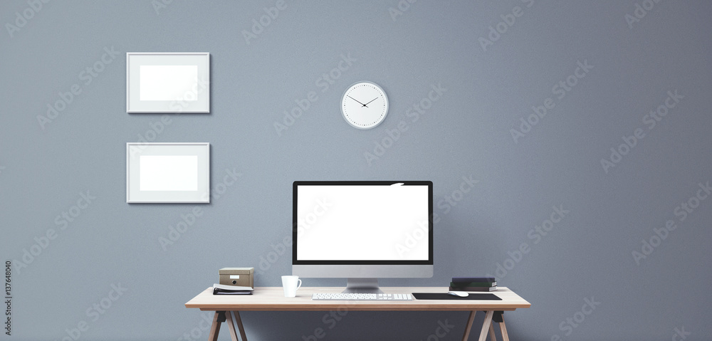 Computer display and office tools on desk. Desktop computer screen isolated. Modern creative workspace background. Front view Computer display and office tools on desk. Desktop computer screen isolated. Modern creative workspace background. Front view