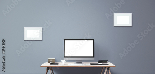 Computer display and office tools on desk. Desktop computer screen isolated. Modern creative workspace background. Front view