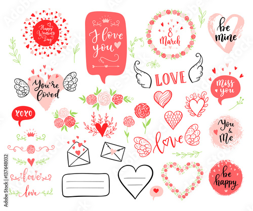 Vector hand drawn fashion elements for Happy Womens Day, wedding. Labels, speech bubble, heart, arraw, wings, flowers set