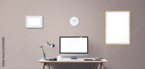 Wallpaper Mural Computer display and office tools on desk. Desktop computer screen isolated. Modern creative workspace background. Front view Torontodigital.ca