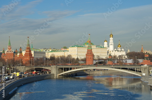 Winter view of the Kremlin, Big Stone bridge and the Moscow river, Moscow, Russia