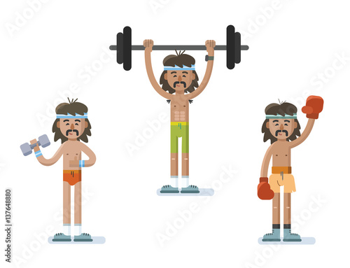 Vector set of funny cartoon man characters doing exercise
