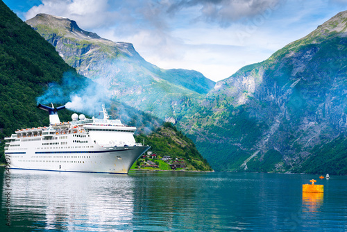 Cruise ship in fjord near Geiranger