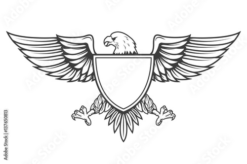 Eagle with shield isolated on white background. Design element for emblem, badge. Vector illustration.