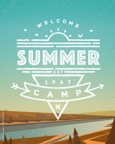 Summer camping emblem in vintage style on background with natural landscape.