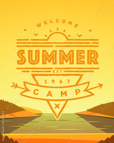 Summer camping emblem in vintage style on background with natural landscape.