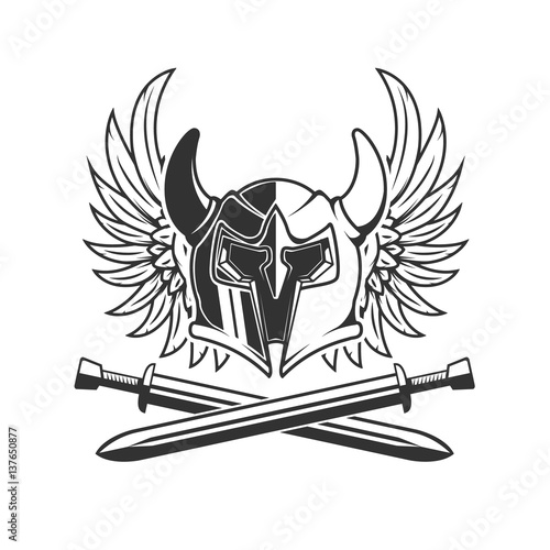Horned helmet with crossed swords and wings isolated on white background. Vector illustration.