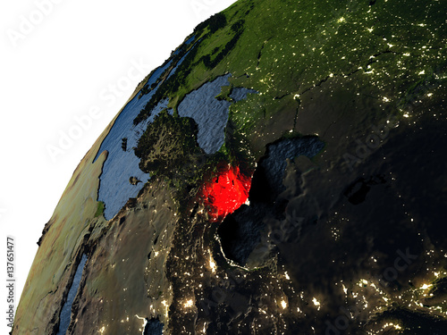 Azerbaijan in red on Earth at night