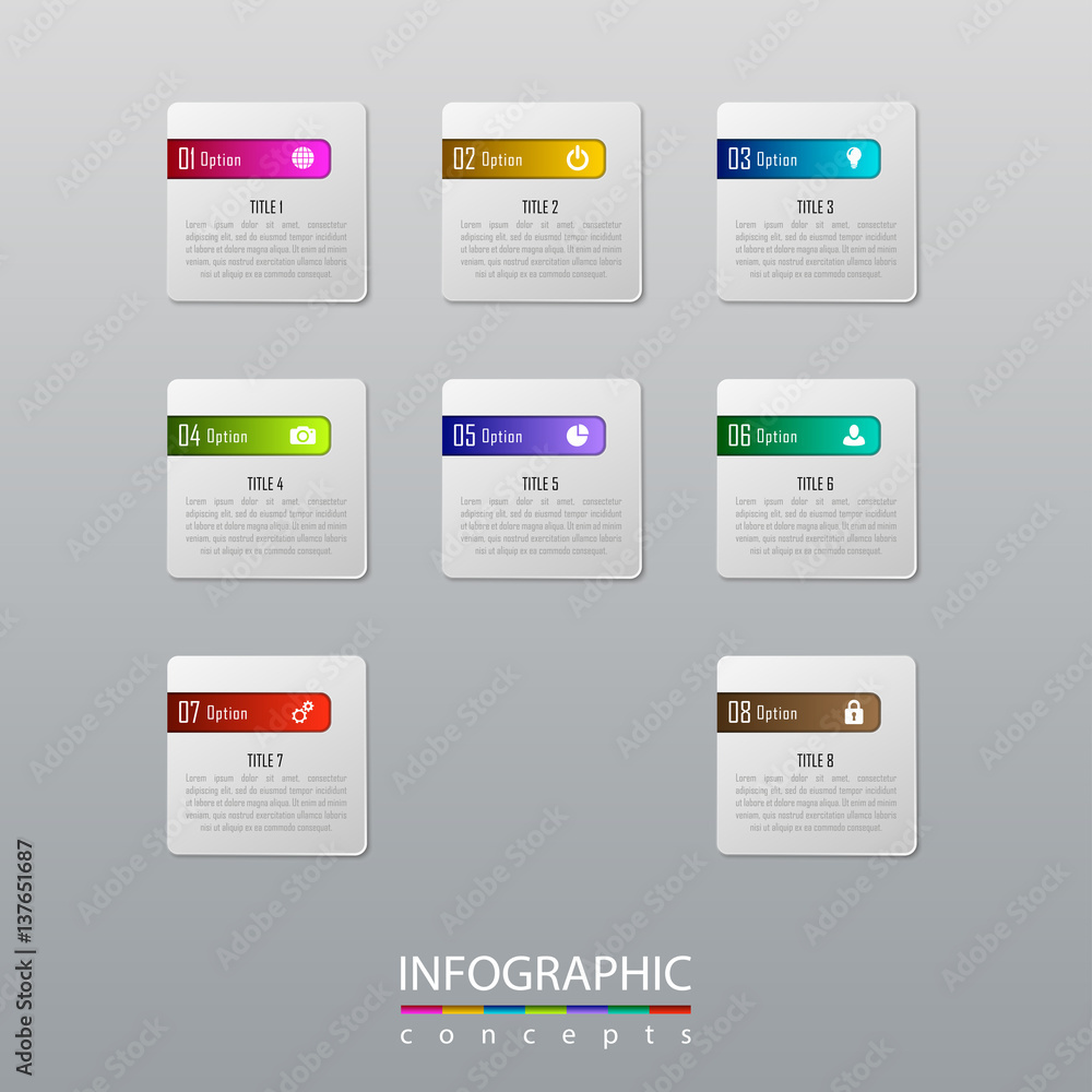 Infographic business concept with 8 options, parts, steps. Vector illustration can be used for diagram, chart, web design, presentation, advertising Infographic business concept with 8 options, parts, steps. Vector illustration can be used for diagram, chart, web design, presentation, advertising