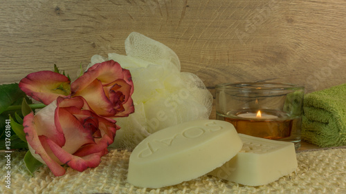 Spa and wellness with bath salt, candles, rose blossom and soap handmade