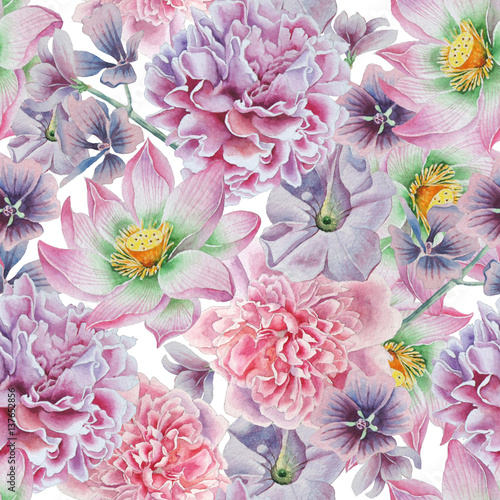Seamless pattern with flowers. Peony. Lotus. Petunia. Watercolor illustration. © redneks