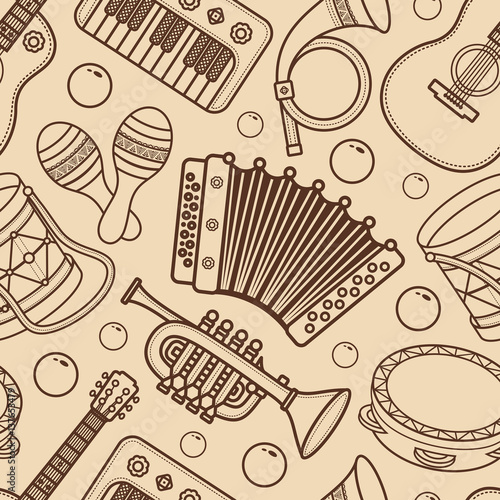 Musical instrument.  Seamless monochrome pattern. Vector ornament.