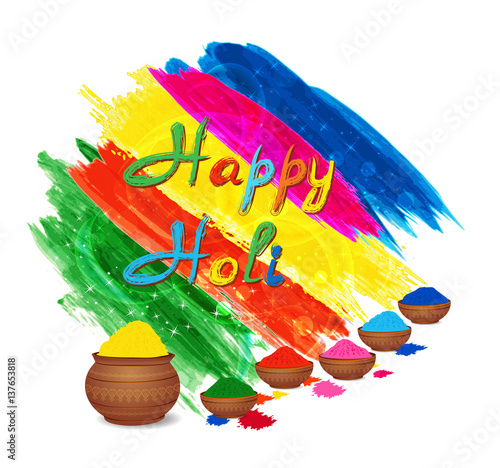 Happy holi celebration background with traditional mud pots and gulal colors powder.