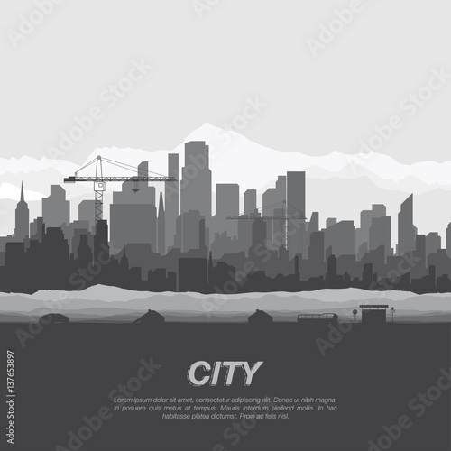 The silhouette city with tower crane and a bus stop.. Flat vector illustration EPS10